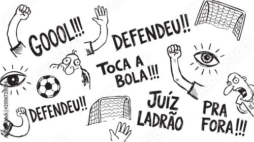 Konstfotografi A creative collection of hand-drawn vector doodles featuring soccer elements like balls, goalposts, cheering fans, and expressive faces