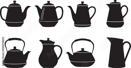Foto Teapots and pitchers are displayed as a collection of eight distinct black silhouettes arranged on a clean white background to showcase various classic beverage vessel shapes