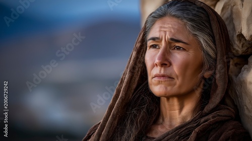 Biblical story, In Moab Naomi stands aged by grief, her dark widow garments and lined face revealing loss as Ruth and Orpah remain beside her in sorrow before a life-defining parting.

