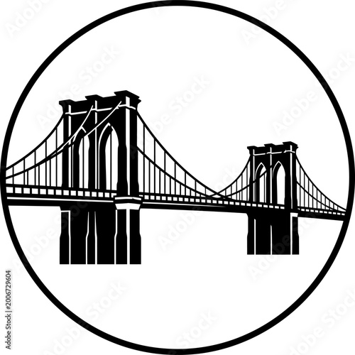 a high-quality black and white vector illustration of Brooklyn Bridge in United States new york placed perfectly inside a centered circular badge frame black and white art on white background 