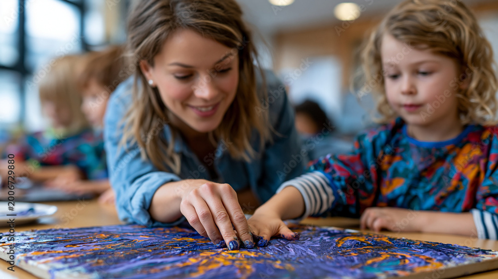 Fototapeta premium A primary school art room buzzing with small hands pressing paint-covered palms onto a giant shared canvas, a teacher crouching to guide a hesitant student, colorful smocks and joyful mess everywher
