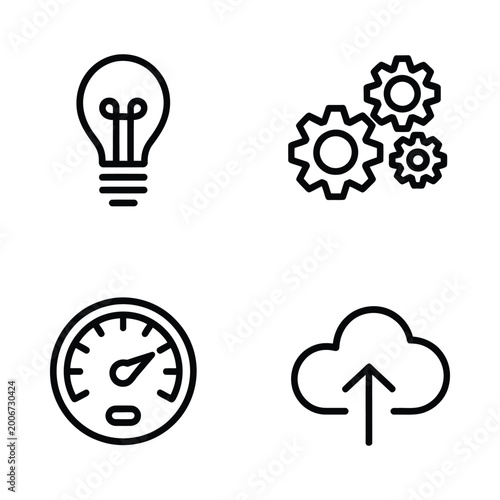 Photos Four linear icons lightbulb gears speedometer and cloud with upload arrow