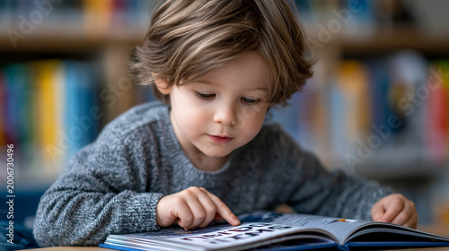A young child clutching a picture book in a sunlit library corner, mouthing each syllable with wide-eyed wonder, their finger tracing under bold text on the first page, surrounded by colorful shelve
