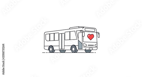 Simple Line Drawing of Bus with Heart.