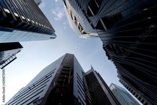Worm Eye View Modern Skyscrapers Wavy Facade Singapore CBD