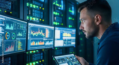 professional trader analyzing financial stock charts on multiple monitors in dark office