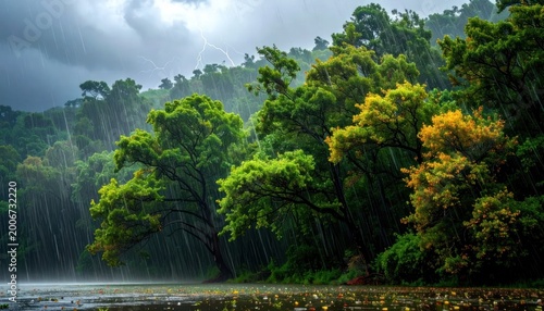 Lush Green Forest with Cloudy Sky.