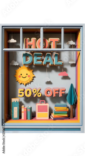 Creative 3D papercut window display for hot deal 50 percent off sale