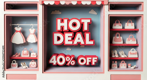 Creative paper art storefront with hot deal and 40 percent discount
