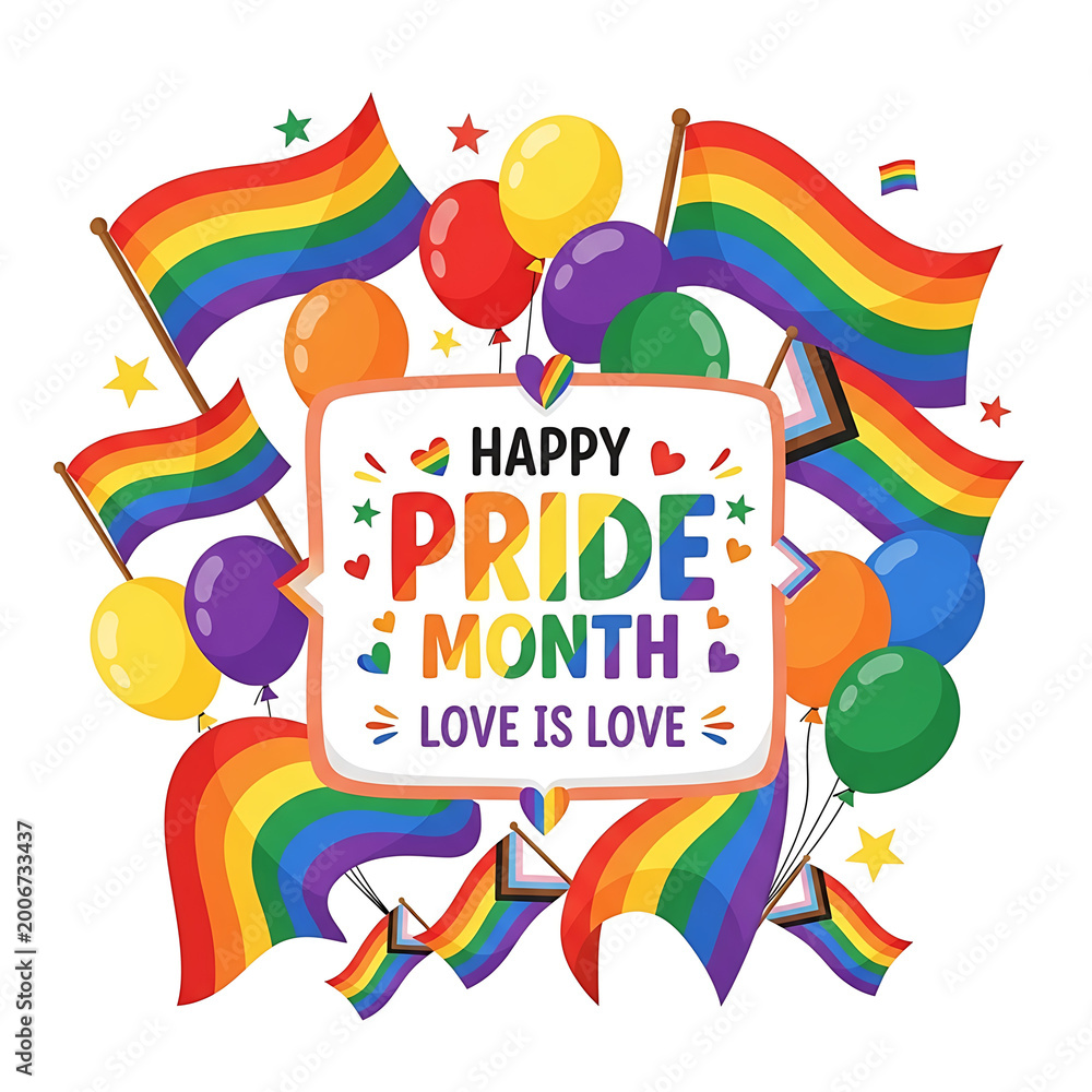 Fototapeta premium Happy pride month celebration background with rainbow flags and colorful balloons