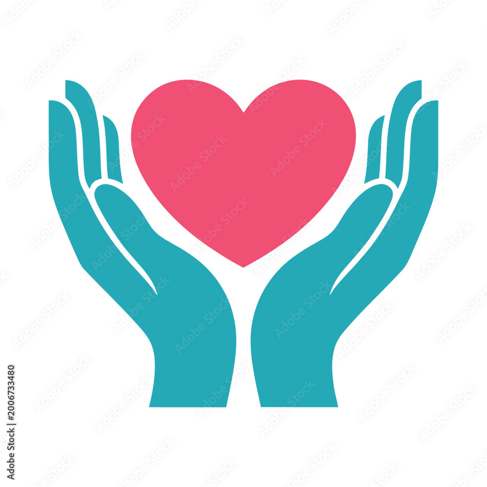 Fototapeta premium Hands holding heart shape flat vector illustration with turquoise and red