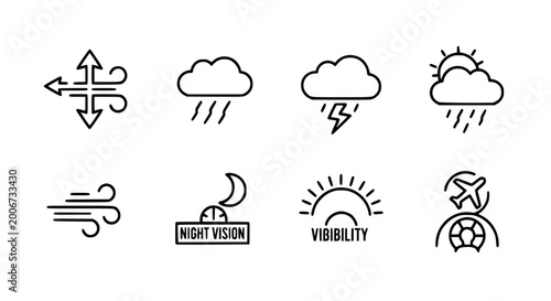 Foto Weather forecast and atmospheric condition icon set featuring wind direction rain thunderstorm visibility night vision and aviation weather symbols for meteorology and travel navigation infographics