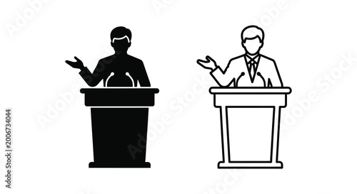 Obraz na płótnie speaker at podium silhouette with microphones black and white illustration high