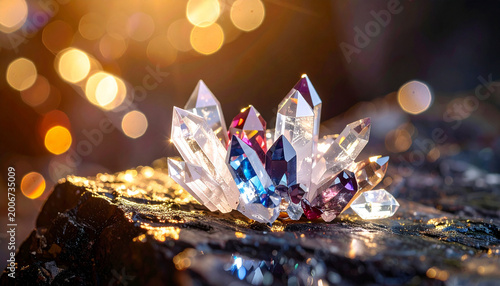 Shiny crystal gemstones cluster with reflections luxury glamour fashion jewelry on stone