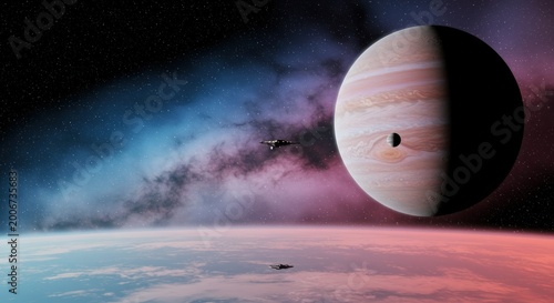 A spaceship flies near Jupiter in a vibrant cosmic landscape with clouds and stars.