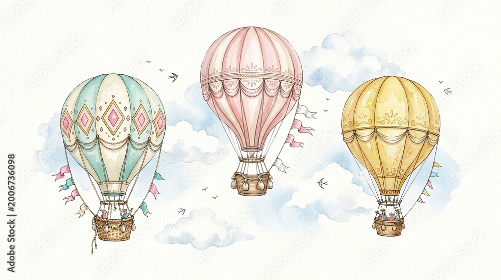 Obraz premium Colorful Hot Air Balloons Flying Through the Sky Artistic Illustration