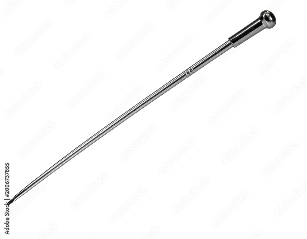 Obraz premium Thin stainless steel metal probe needle tool with pointed tip shiny reflective surface and precision instrument shape on isolated background