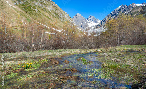 water covering a meadow as the snow melts in beautiful landscape in french Al...