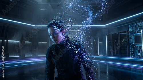 Futuristic cyber woman disintegrating digital effect scene