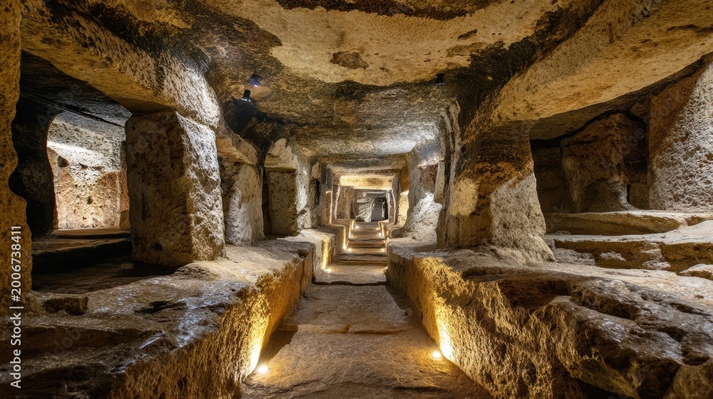 Obraz premium Ancient underground stone catacombs with carved rock walls and illuminated pathways