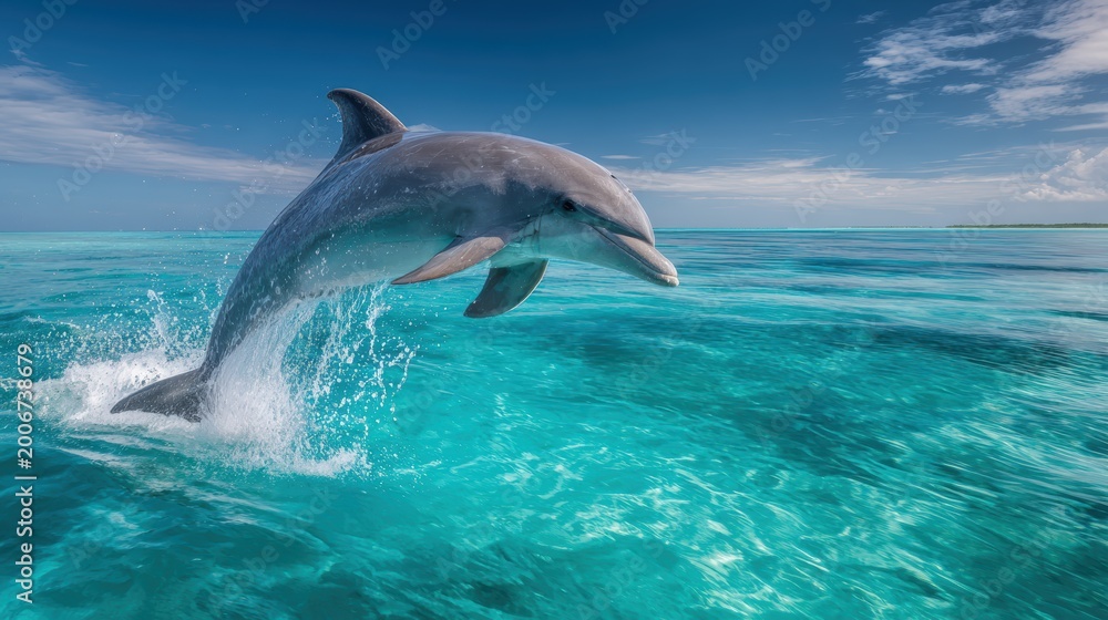 Fototapeta premium A beautiful dolphin leaping out of the crystal clear turquoise water in the ocean