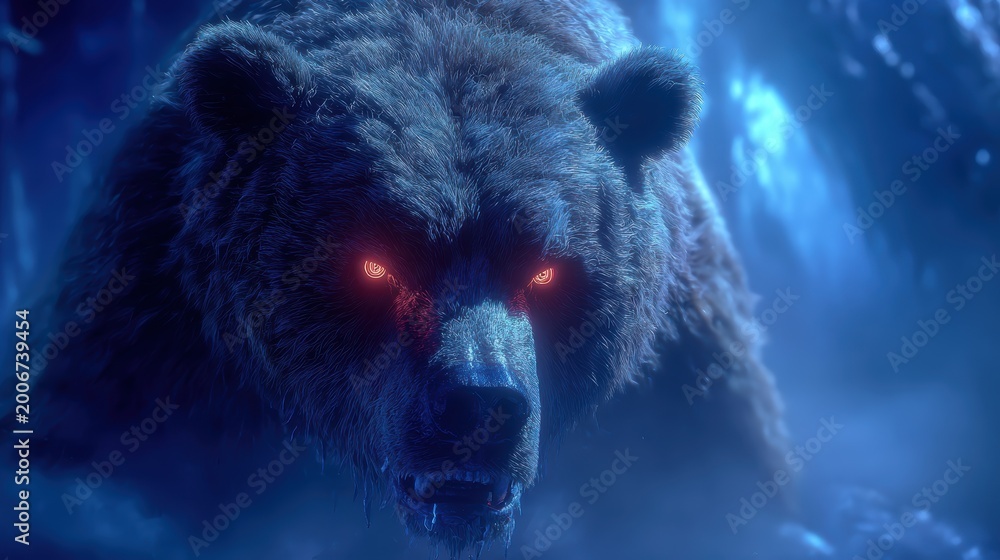 Fototapeta premium Fierce grizzly bear with glowing red eyes in dark forest