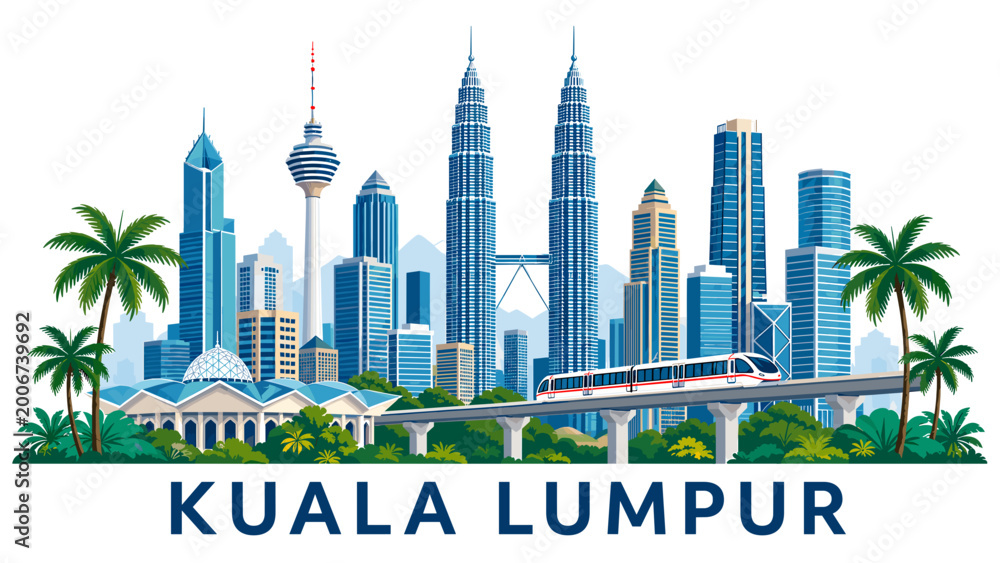 Obraz premium Minimal vector skyline of Kuala Lumpur with twin towers, tower, monorail line and tropical city accents.