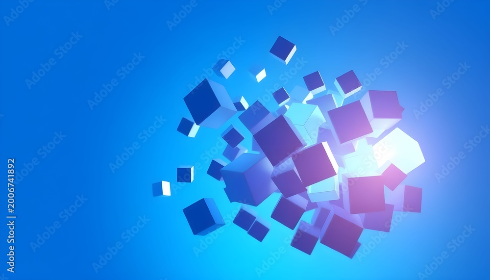 Obraz premium Abstract 3D Cubes Art with Glowing Lights on a Blue Gradient Background