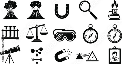 Quadro su tela Science and Physics Education Icon Set Featuring Erupting Volcano Test Tubes Wei