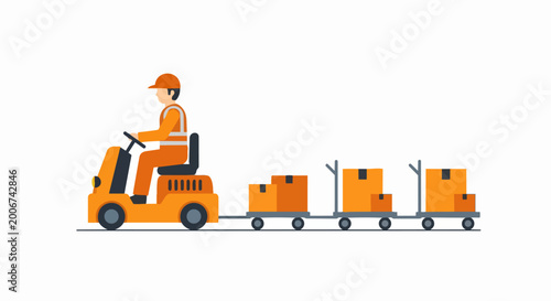 Warehouse Worker Operating Industrial Tow Tractor with Cargo Carts, Logistics and Distribution Vector Illustration