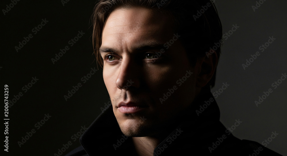 Fototapeta premium Pensive and captivating portrait of a handsome man with a serious expression, illuminated by dramatic low-key lighting, exuding deep thought and introspection