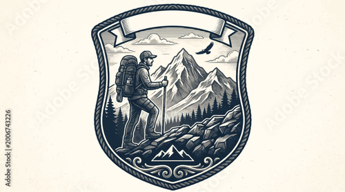 Hiker ascending mountain crest in detailed emblem design
