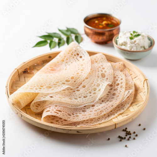 Neer Dosa on Bamboo Plate Isolated on White Background Square Composition Studio Shot