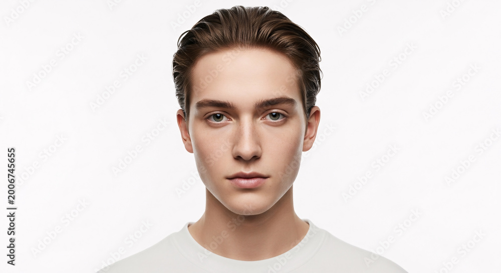 Obraz premium A captivating portrait of a young man, his direct gaze and serene expression capturing the essence of calm confidence and youthful perspective in a modern world