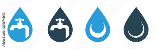 Bild auf Leinwand Water tap within drop shapes collection presenting blue and dark grey variants for plumbing designs