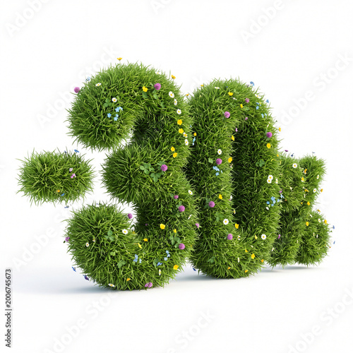 Eye-catching 3D render of a -30% discount sign crafted from lush green grass and adorned with delicate blooming wildflowers. For spring and summer seasonal sales, promotional offers