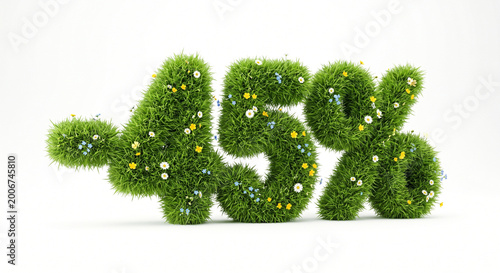 Eye-catching 3D render of a -45% discount sign crafted from lush green grass and adorned with delicate blooming wildflowers. For spring and summer seasonal sales, promotional offers