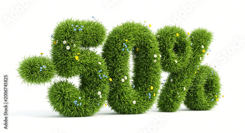 Eye-catching 3D render of a -50% discount sign crafted from lush green grass and adorned with delicate blooming wildflowers. For spring and summer seasonal sales, promotional offers