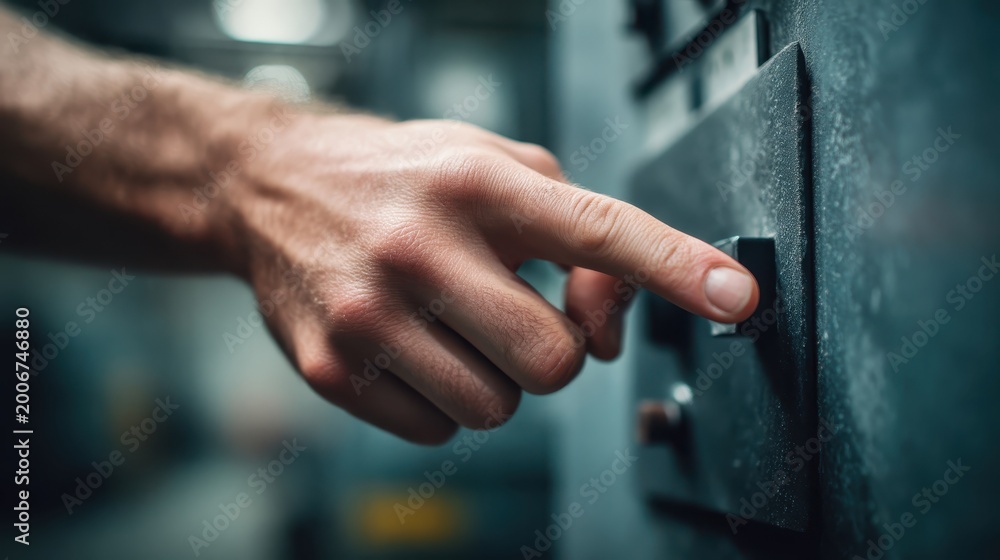 Obraz premium Hand pressing industrial control panel button during equipment operation and system management