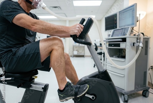 man on recumbent exercise bike wearing mask connected gas analyzer cart VO2max metabolic test cardiopulmonary assessment