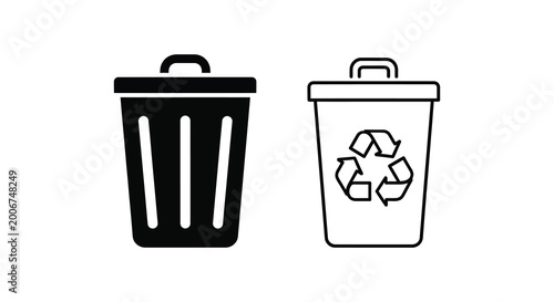 Trash can and recycling bin silhouettes with lids simple black and white illustration silhouette