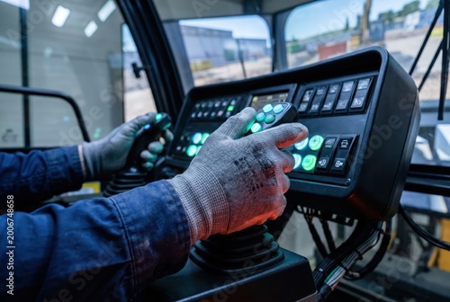 gloved hands operating haptic joystick control panel cab heavy equipment operator simulator leds training controls