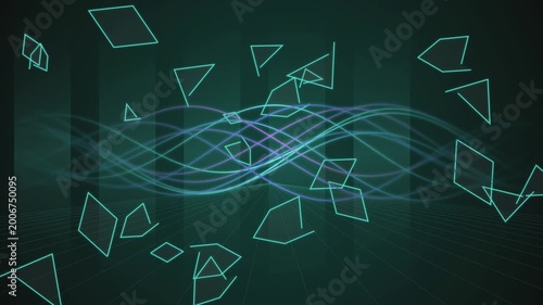 Abstract Digital Data Stream with Floating Geometric Shapes and Glowing Waves.