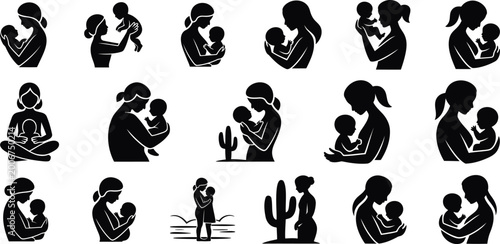 Maternal love collection: silhouette art of mothers embracing babies
