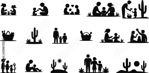 Silhouettes of families with children and cactus in desert landscape, children