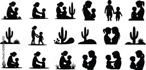 Silhouettes of mothers and children in desert landscape with motherhood