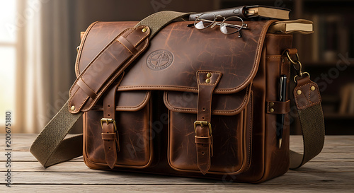 brown leather messenger bag with books glasses and pen on wooden table on transparent background