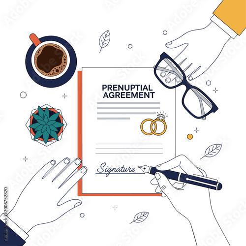Modern Couple Signing Prenuptial Agreement Flat Vector Illustration