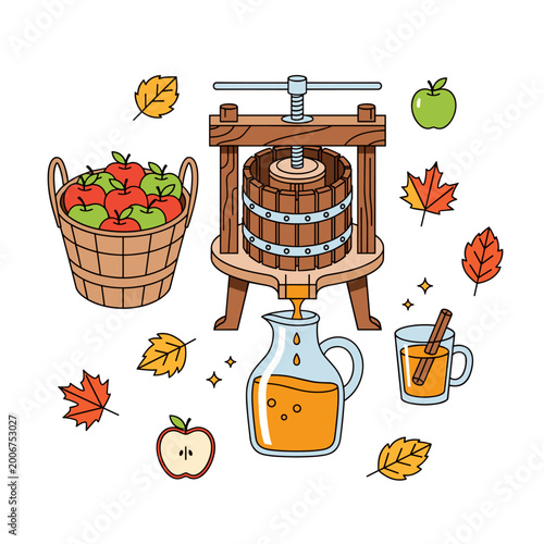 Photos Autumn Harvest Apple Cider Pressing Flat Vector Illustration