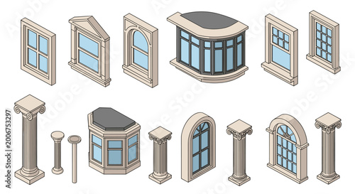 Isometric collection of classical building features including arched window frames, bay windows, and elegant fluted columns arranged on a uniform light grey background.